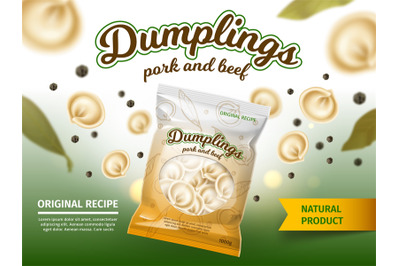 Realistic dumplings poster. Product packaging made of dough with meat