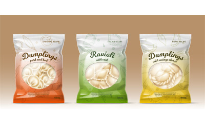 Dumplings packaging design. Realistic plastic bags with frozen ravioli