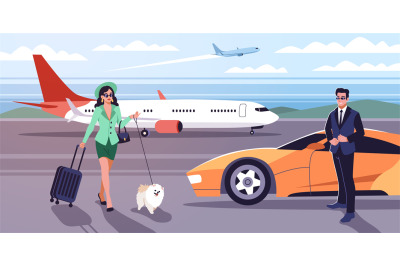 Cartoon rich people characters. Personal driver meets lady at airport,