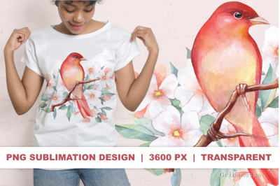 Bird floral Sublimation. Red watercolor bird PNG