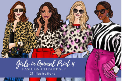 Fashion Illustration Girls in Animal Print 4 clipart set - 3 s