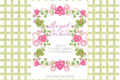 Pink Green Orchids Bow. Gingham Green DIY Digital paper Frames Waterco