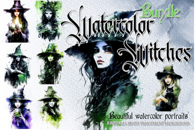 Watercolor Witches portraits illustrations clip art&nbsp;