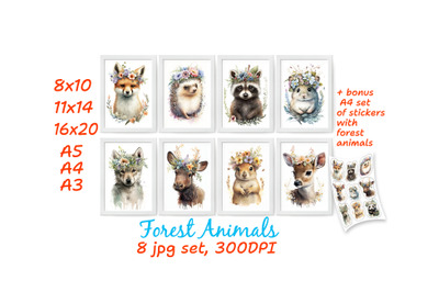 Print Set of 8 Watercolor Baby Animals With Floral Crown Woodland Prin