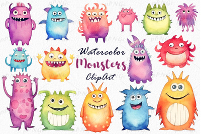 Watercolor Monster Clipart: Adorable and Colorful Creatures