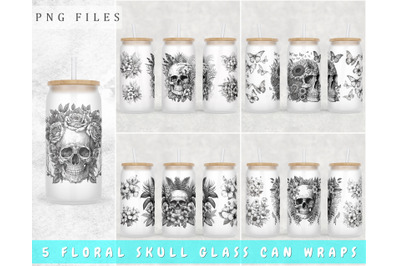 Floral Skull Libbey Glass Can Wraps, 16oz Glass Can Sublimation Design