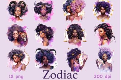 Zodiac Black Girls Clipart | Celestial Graphics