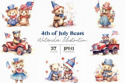 4th of July Bears Watercolor Illustrations