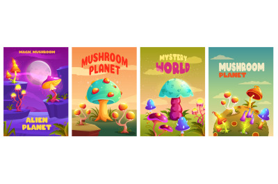 Fantastic mushrooms posters. Mystery magic space fungus planet backgro