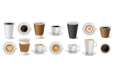 Realistic coffee to go cups. Coffee shop paper and ceramic cup mockups