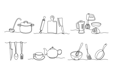 One line food restaurant emblems. Cutlery, teapot with cup, cooking ut