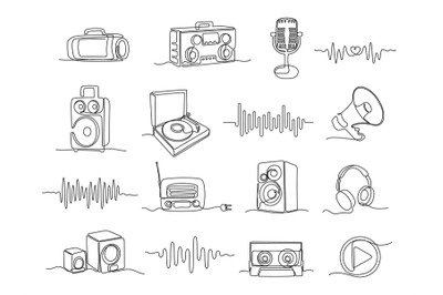 Continuous one line sound illustrations. Linear sound wave, audio play