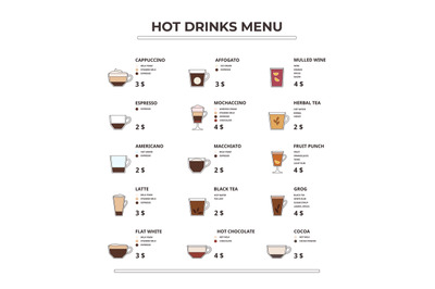 Hot drinks menu. Coffee, tea, hot chocolate and warming drinks ingredi