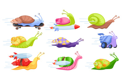 Cartoon fast snails. Turbo rocket fast-moving snail, playful gastropod