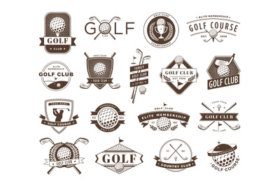 Golf club badges. Game course emblem, golf ball silhouette label and s