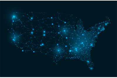 USA grid wireframe map. Connected network of states of America capital