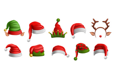 Christmas hats. Festive Santa_s red cap, elf hat with ears and Xmas de