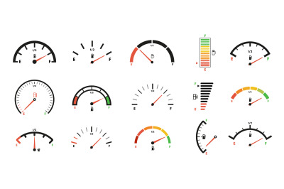 Fuel gauge scales. Gas meter, petrol level indicator for car dashboard