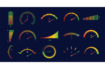 Electric car gauge scales. Energy meter, battery power level indicator