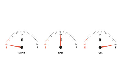 Fuel gauge levels. Full, half and empty gas tank level indicator. Gaso