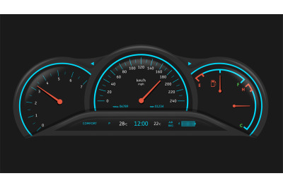 Car dashboard. Vehicle performance monitoring indicators and gauges, f