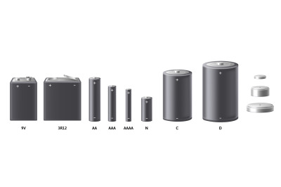 Realistic battery mockup. Different types of alkaline batteries and ac