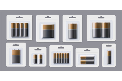 Electric batteries pack mockup. Realistic alkaline battery packages, d