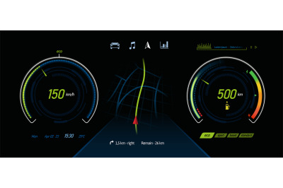 Electric car dashboard. EV auto ui with various indicators, pictogram