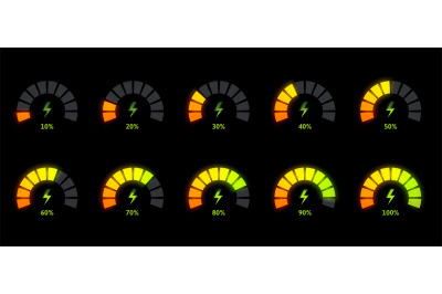 Power level indicator animation. Energy meter, battery gauge bar and a