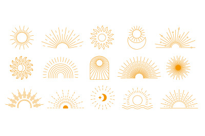 Bohemian sunburst. Sunrise symbol, sun and moon rays. Symbolic celesti