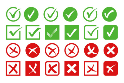 Checkmark and cross icons. Verification sign, approved and denied mark