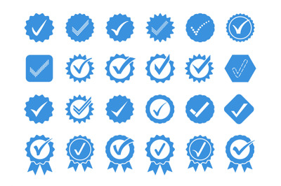 Blue check mark icons. Profile verification badge, approval seal and q