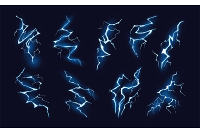 Cartoon lightning effect. Electricity discharge, bright thunderbolt hi