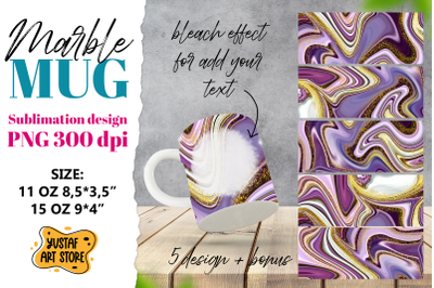 Purple gold marble sublimation mug wrap bundle. 5 PNG design