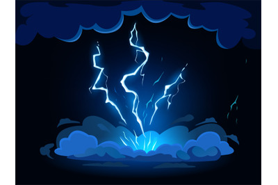 Cartoon lightning strike. Thunderbolt hit from thunderstorm clouds&2C; sh