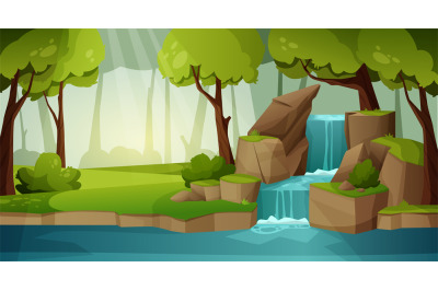 Mountain waterfall landscape. Tropical rainforest water cascade on cli