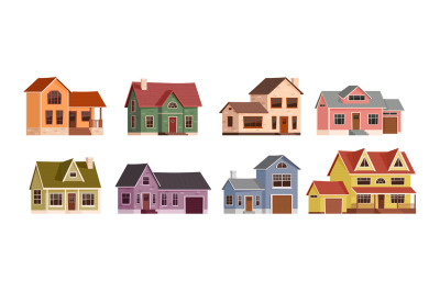 Cartoon American suburban houses. Home exterior, suburbs neighborhood