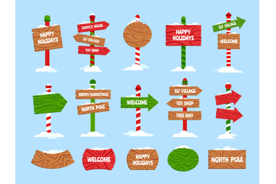 Snowy Christmas wooden signs. Happy winter holidays, Santa_s house, Xm