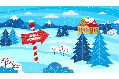 Santa_s Workshop. North Pole Christmas residence, elf village card for