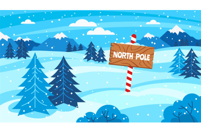 North Pole sign. Snowy forest woods landscape with location pointer, c