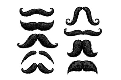 Hand drawn mustache. Old-fashioned curly Hipster bushy mustaches, vint