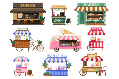 Cozy market stalls and booths. Coffee and bakery shop, ice cream van,