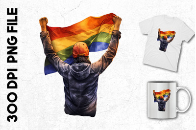 Man Holding Up A Pride Flag