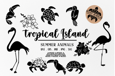 Tropical Island Animals Elements, &nbsp;svg, exotic svg, Flamingo svg, Sea