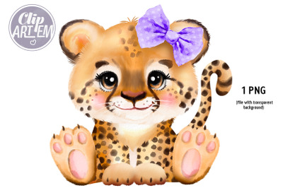 Sweet Baby Girl Leopard Cheetah with Purple Bow  PNG Image Digital