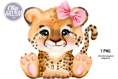 Cute Baby Girl Cheetah Leopard with Pink Bow PNG Image Digital Print