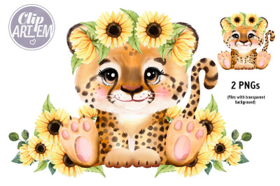 Cheetah with Sunflower Crown Clip Art 2PNG Images Digital Print Decor