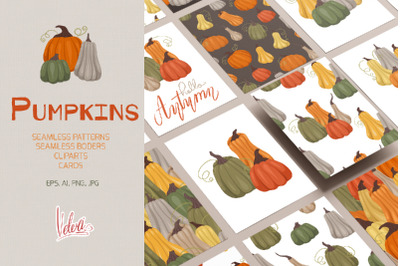 Pumpkins vector patterns and cliparts set