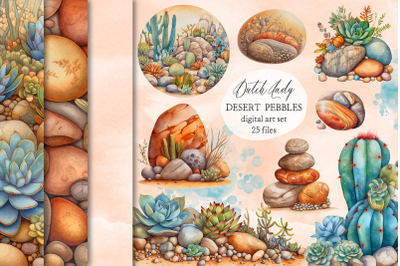 Desert Pebbles &amp; Succulent Clipart Set