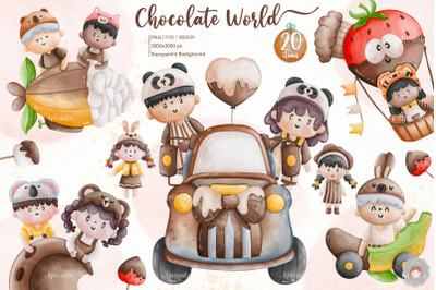 Watercolor Chocolate World Boy Girl clipart Sublimation